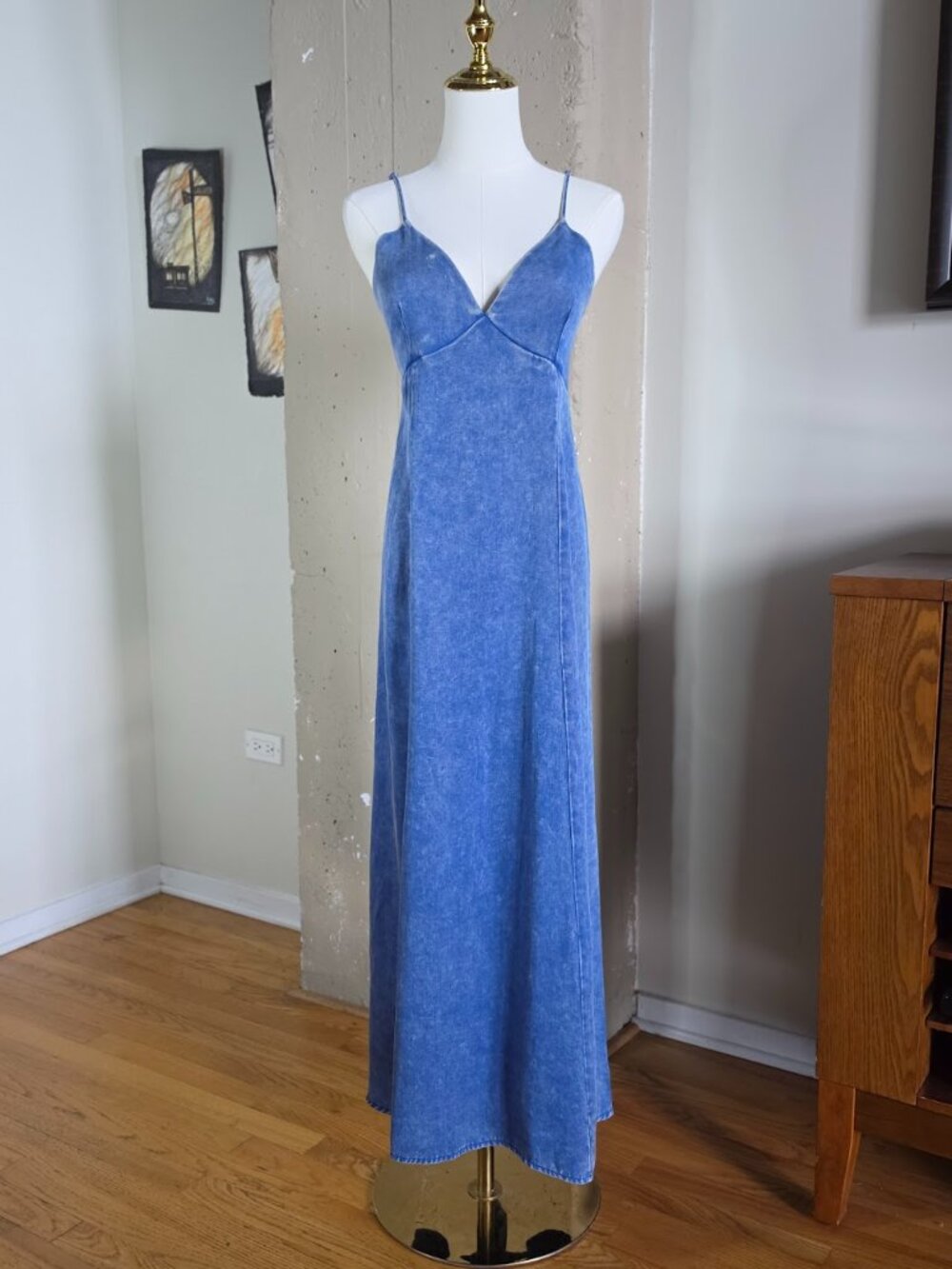 Zenana Mineral Wash Tencel Denim / Chambray Style  Low Back Cami Maxi Dress